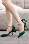 Akaks Nadia Emerald Green Satin Bow Pointed Toe Heels with Pearls Image140914