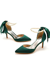 Akaks Nadia Emerald Green Satin Bow Pointed Toe Heels with Pearls Image496882