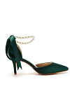 Akaks Nadia Emerald Green Satin Bow Pointed Toe Heels with Pearls Image679990