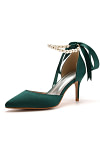 Akaks Nadia Emerald Green Satin Bow Pointed Toe Heels with Pearls Image709208