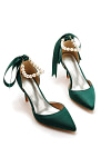 Akaks Nadia Emerald Green Satin Bow Pointed Toe Heels with Pearls Image842535