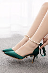 Akaks Nadia Emerald Green Satin Bow Pointed Toe Heels with Pearls Image857423