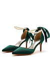 Akaks Nadia Emerald Green Satin Bow Pointed Toe Heels with Pearls