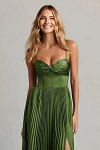 Akaks Orla Olive Green Wedding Guest Dress A-Line Sweetheart Neckline Floor Length Stretch Satin Pleated Dress with Slit Image270899