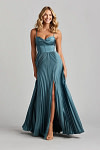 Akaks Orla Steel Blue Wedding Guest Dress A-Line Sweetheart Neckline Floor Length Stretch Satin Pleated Dress with Slit Image128533
