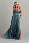 Akaks Orla Steel Blue Wedding Guest Dress A-Line Sweetheart Neckline Floor Length Stretch Satin Pleated Dress with Slit Image464545