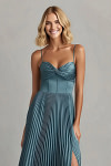 Akaks Orla Steel Blue Wedding Guest Dress A-Line Sweetheart Neckline Floor Length Stretch Satin Pleated Dress with Slit Image946171