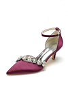 Akaks Satin Pointed Toe Rhinestone Kelsey Burgundy Kitten Heels with Ankle Strap Image210555