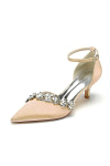 Akaks Satin Pointed Toe Rhinestone Kelsey Champagne Kitten Heels with Ankle Strap Image708471