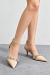Akaks Satin Pointed Toe Rhinestone Kelsey Champagne Kitten Heels with Ankle Strap Image975582