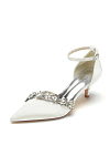 Akaks Satin Pointed Toe Rhinestone Kelsey Ivory Kitten Heels with Ankle Strap Image546251