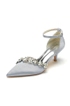 Akaks Satin Pointed Toe Rhinestone Kelsey Silver Kitten Heels with Ankle Strap Image152395