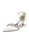 Akaks Satin Pointed Toe Rhinestone Kelsey White Kitten Heels with Ankle Strap Image441639