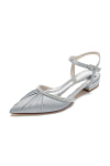 Akaks Silver Pointed Toe Astra Satin Flats with Rhinestone Image823278
