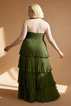 Akaks Veda Olive Green Plus Size Dress for Wedding Guest A-Line Strapless Sweetheart Neckline Floor Length Chiffon Dress with Tiered Ruffle Image186552