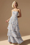 Akaks Veda Purple Floral Wedding Guest Dress A-Line Strapless Sweetheart Neckline Floor Length Chiffon Dress with Tiered Ruffle Image376023