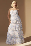 Akaks Veda Purple Floral Wedding Guest Dress A-Line Strapless Sweetheart Neckline Floor Length Chiffon Dress with Tiered Ruffle Image630419