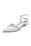 Akaks White Pointed Toe Astra Satin Flats with Rhinestone Image154927