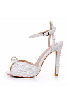 Akaks White Satin Stiletto Heel Maira Pearl Sandals Open Toe with Ankle Strap Heel Height 11cm Image276296