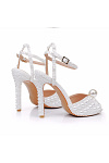 Akaks White Satin Stiletto Heel Maira Pearl Sandals Open Toe with Ankle Strap Heel Height 11cm Image333323