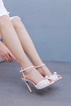 Akaks White Satin Stiletto Heel Maira Pearl Sandals Open Toe with Ankle Strap Heel Height 11cm Image377083