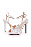 Akaks White Satin Stiletto Heel Maira Pearl Sandals Open Toe with Ankle Strap Heel Height 11cm Image425848