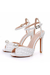 Akaks White Satin Stiletto Heel Maira Pearl Sandals Open Toe with Ankle Strap Heel Height 11cm Image796630