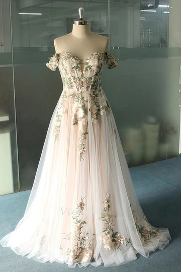 Lindsay | Say "I Do" in Dreamy Floral Embroidery & Corset Wedding Dress Perfection - White Floral - PromDressClub
