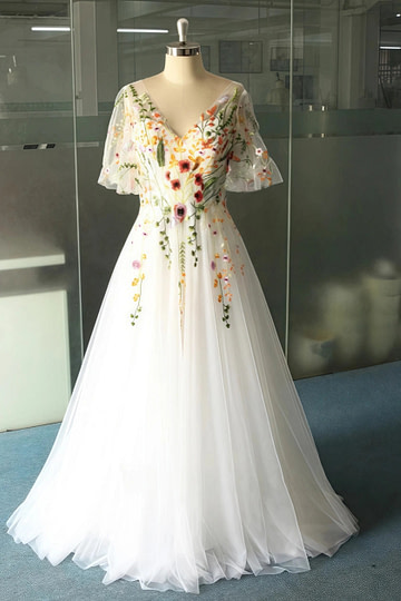 Lisa | Discover Floral Cap Sleeve V Neck Wedding Dresses for Elegant Brides - White Floral - PromDressClub