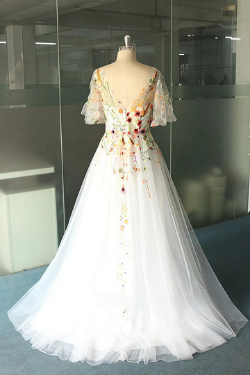 Lisa | Discover Floral Cap Sleeve V Neck Wedding Dresses for Elegant Brides - White Floral - PromDressClub