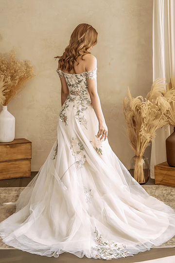 Liv | Say "I Do" to a Romantic Off the Shoulder Wedding Dress Under 500 - White Floral - PromDressClub