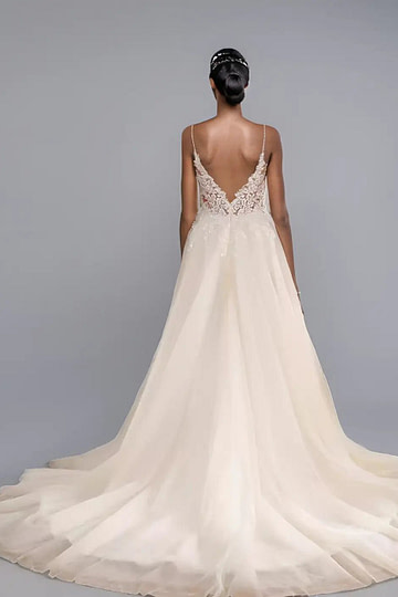 Rita |Ball - Gown/Princess V - Neck Waterfall Skirt Court Train Tulle Lace Long Wedding Dress With Train - Champagne - PromDressClub