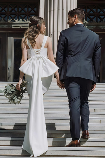 Doris | Bodycon Square Neck White Satin Mini/Short Wedding Dress with Bow Back and Veil - Price #price_variant_lowest# - White - PromDressClub