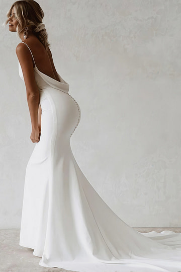 Dorothy | Elegant Back Buttons Backless Mermaid Stretch Satin Maxi Wedding Dress with V - Neck and Long Train - Price #price_variant_lowest# - White - PromDressClub
