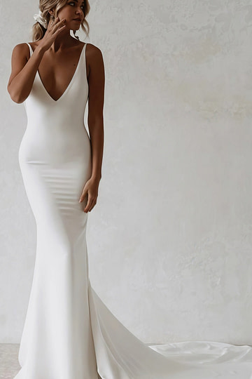 Dorothy | Elegant Back Buttons Backless Mermaid Stretch Satin Maxi Wedding Dress with V - Neck and Long Train - Price #price_variant_lowest# - White - PromDressClub