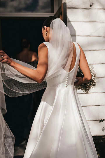 Eartha | Modern Backless Square Neck White Satin Long Wedding Dress with A - Line - Price #price_variant_lowest# - White - PromDressClub
