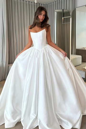 Edith | Ball Gown/Princess Strapless Backless White Satin Maxi Wedding Dress - Price #price_variant_lowest# - White - PromDressClub