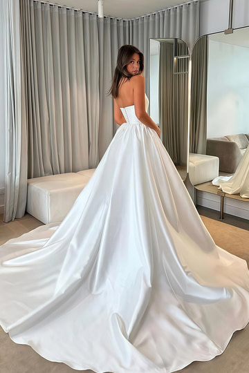 Edith | Ball Gown/Princess Strapless Backless White Satin Maxi Wedding Dress - Price #price_variant_lowest# - White - PromDressClub