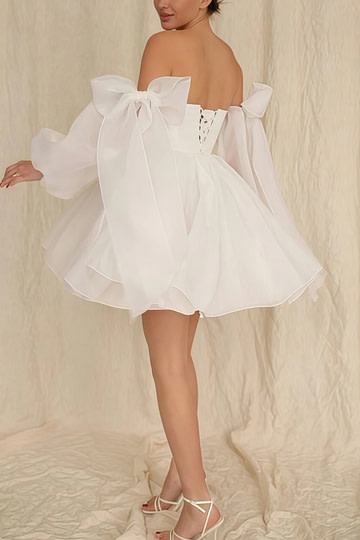 Edwina | Glamorous Puff Detachable Sleeves Straight White Tulle Mini/Short Wedding Dress with Bows - Price #price_variant_lowest# - White - PromDressClub