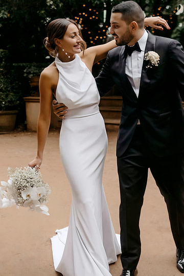Eleanore | Classic Trumpet/Mermaid High Neck Backless White Satin Maxi Wedding Dress with Long Train - Price #price_variant_lowest# - White - PromDressClub