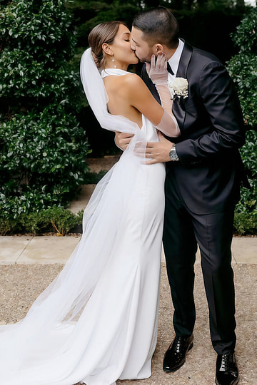 Eleanore | Classic Trumpet/Mermaid High Neck Backless White Satin Maxi Wedding Dress with Long Train - Price #price_variant_lowest# - White - PromDressClub