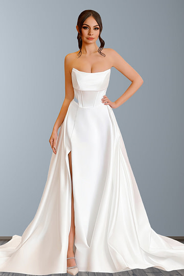 Ella | Classic A - Line Strapless Corset Backless Long White Satin Wedding Dress with Slit and Court Train - Price #price_variant_lowest# - White - PromDressClub