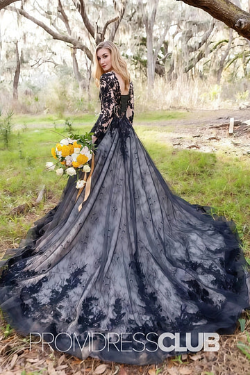 Elsa |Plus Size Black Wedding Dresses Long Sleeves Tulle A Line V Neck Gothic Bridal Gown - Black - PromDressClub