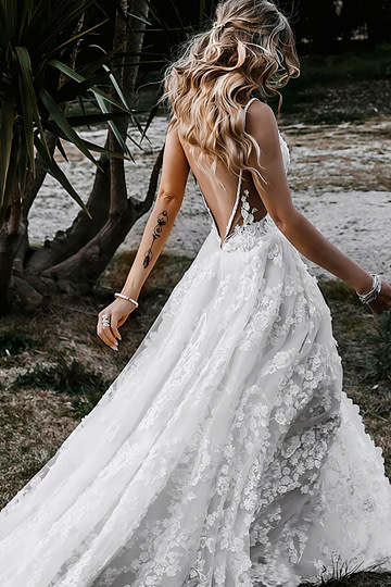 Elsie | Boho Spaghetti Straps A Line Appliques Lace White Wedding Dress Train with Slit - Price #price_variant_lowest# - White - PromDressClub
