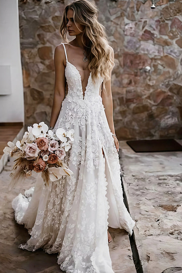 Elsie | Boho Spaghetti Straps A Line Appliques Lace White Wedding Dress Train with Slit - Price #price_variant_lowest# - White - PromDressClub