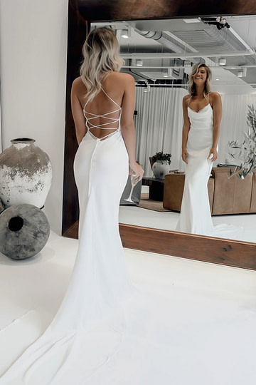 Emily | Romantic Mermaid Spaghetti Strap Backless Corset White Satin Wedding Dress Train - Price #price_variant_lowest# - White - PromDressClub