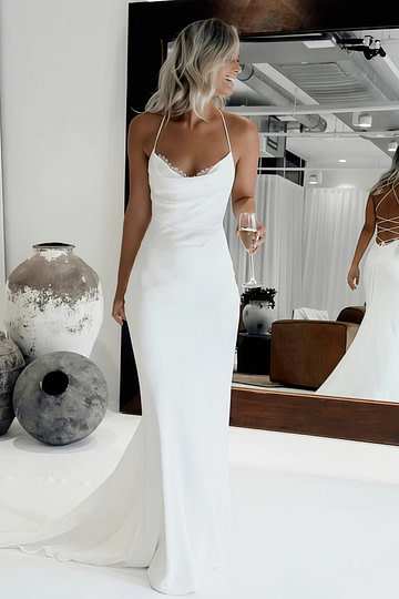 Emily | Romantic Mermaid Spaghetti Strap Backless Corset White Satin Wedding Dress Train - Price #price_variant_lowest# - White - PromDressClub