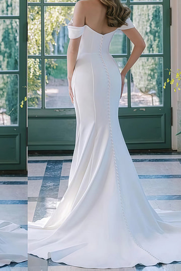 Emma | Modern Mermaid Off the Shoulder Backless Long White Chiffon Wedding Dress Train with Buttons - Price #price_variant_lowest# - White - PromDressClub
