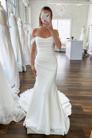 Emma | Modern Mermaid Off the Shoulder Backless Long White Chiffon Wedding Dress Train with Buttons - Price #price_variant_lowest# - White - PromDressClub