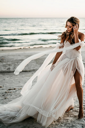 Enid | Glamorous Beach Off the Shoulder A Line Champagne Tulle Wedding Dress with Slit - Price #price_variant_lowest# - Champagne - PromDressClub